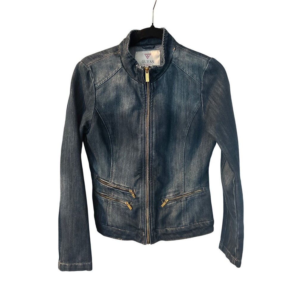 Vintage guess Jean jacket 80s style zipper pockets size M Y2K